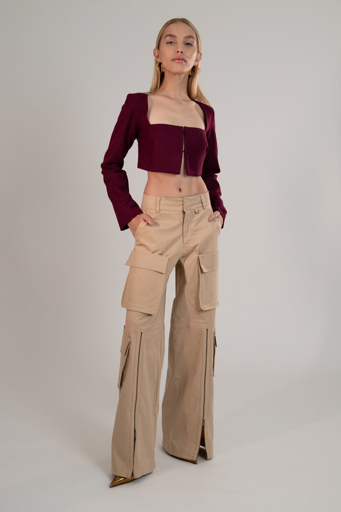 Calça Com Maxi Bolsos E Ziper Frontal Sand - Shop Youse