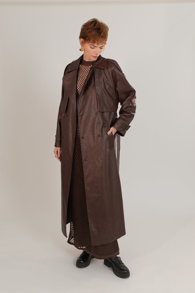 Trench Coat Longo Em Poliuretano Coffee - Shop Youse