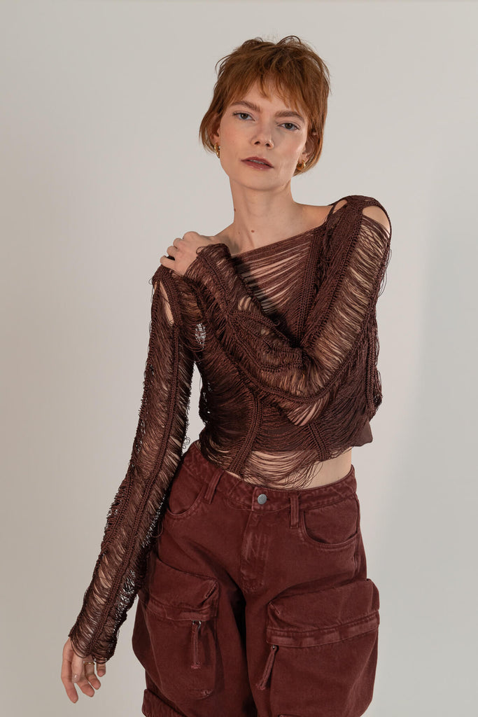 Blusa De Crochet Cropped Recortes Coffee - Shop Youse