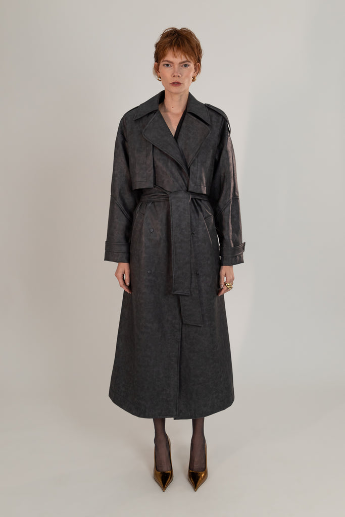 Trench Coat Longo Em Poliuretano Preto - Shop Youse